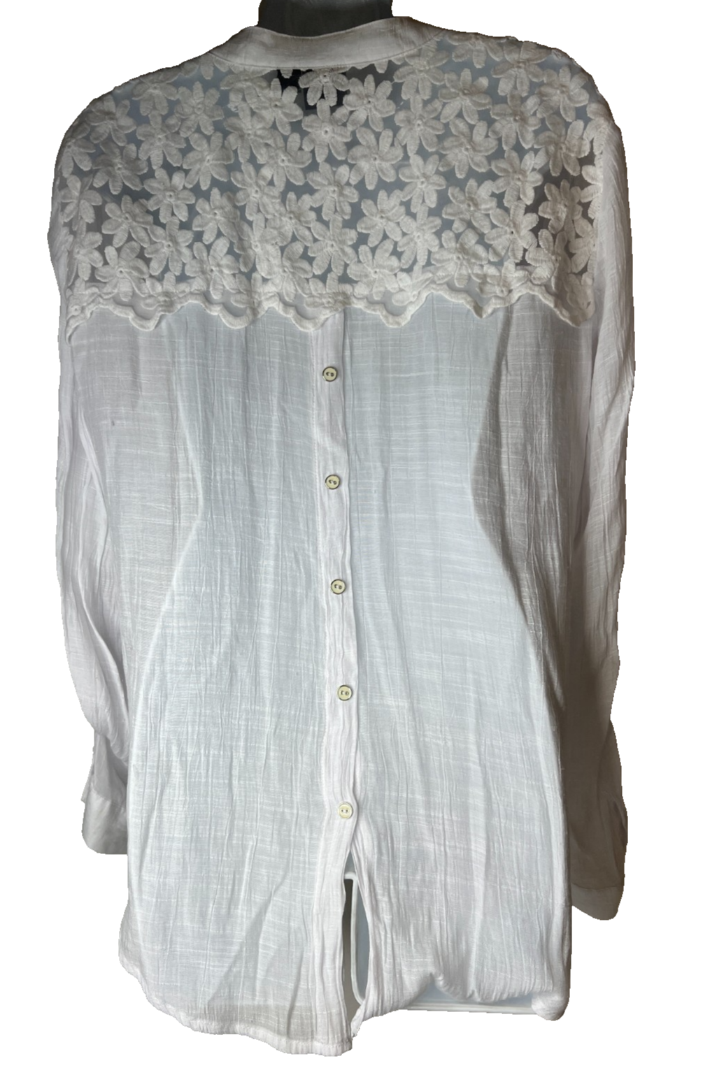 Sojo Womens White Floral Embroidered Sheer Back Blouse with Roll Tab Sleeves