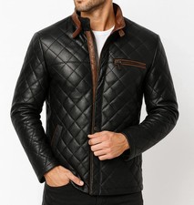 Men's Genuine Leather Quilted Moto Style Zip-Up Biker Jacket Outerwear Coat