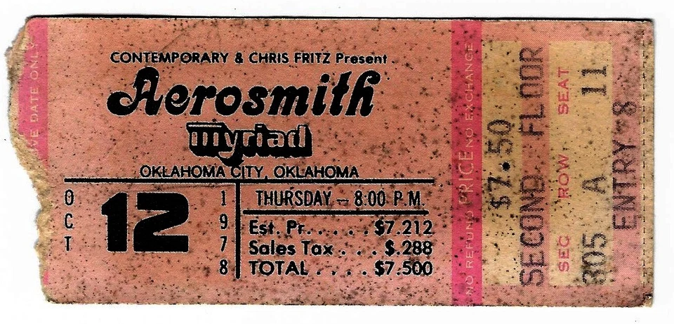 Aerosmith & Exile 10/12/78 Oklahoma City OK Myriad Rare Ticket Stub OKC - Image 1 of 1