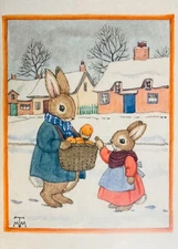 Vintage Nostalgic Christmas Card ~ The Orange Seller  ~ Rabbits ~ M Tempest