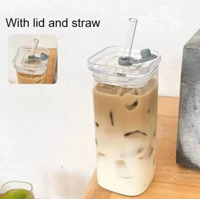 Square Heat Resistant Coffee Glass Cup With Lid and Straw Transparent Milk