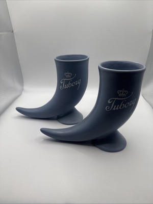 Set of 2 Vintage Blue Tuborg Beer Horn Ceramic Stein Mug Glass Barware