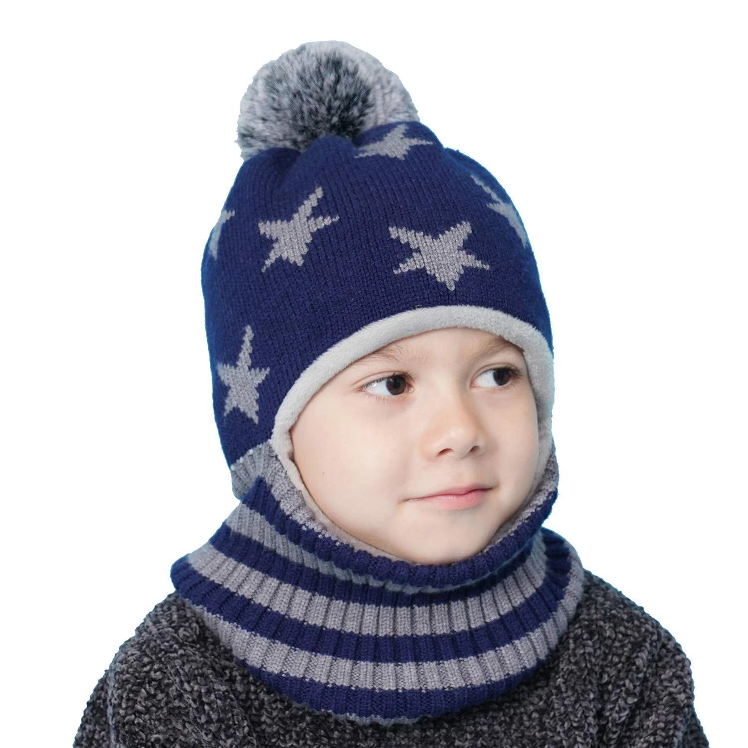 Baby Girls Boys Winter Hat Scarf Earflap Hood Scarves Toddler 2-5T, Navy+grey