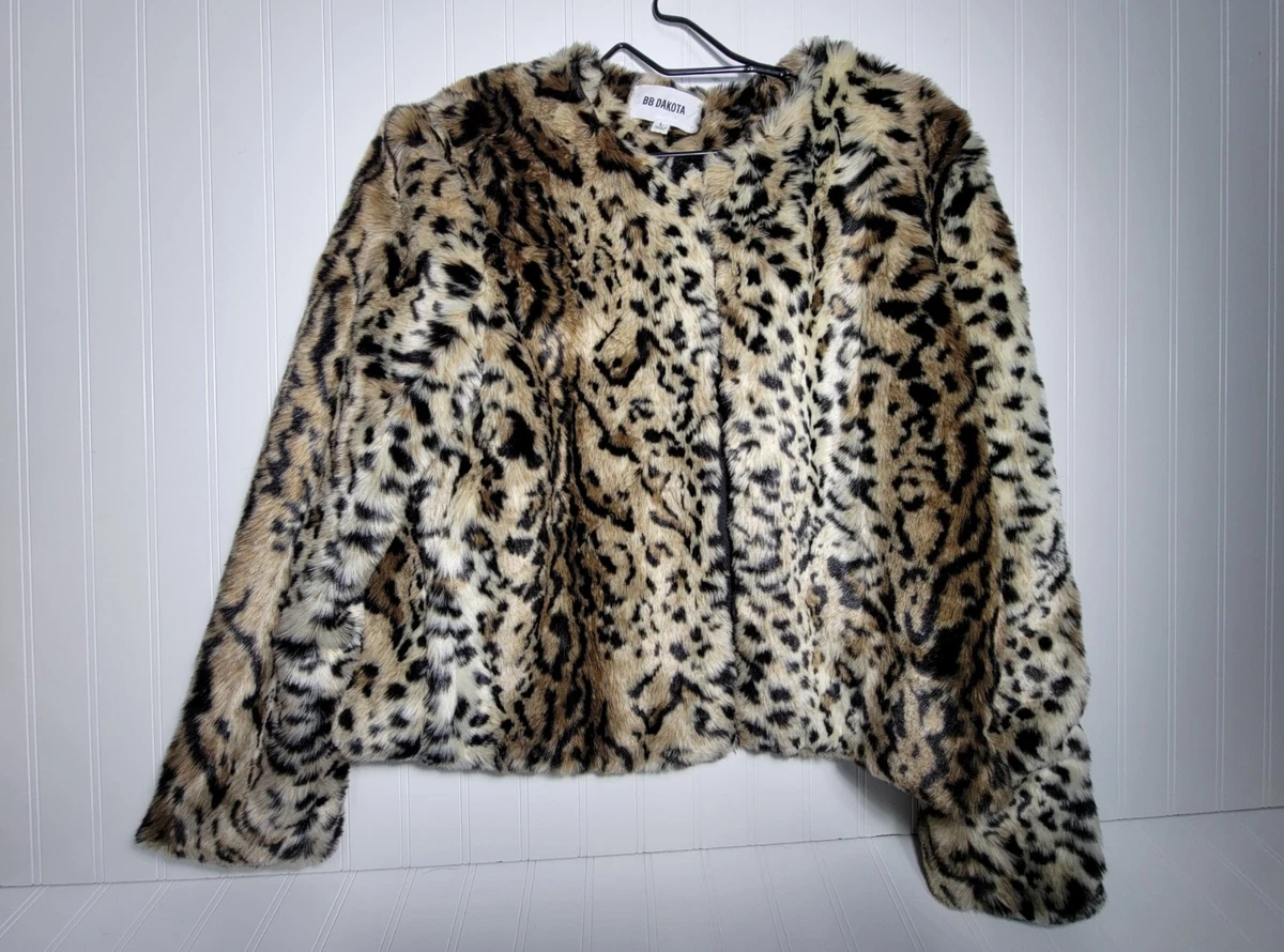 BB Dakota Womens Large Open Front Leopard Faux Fur Jacket