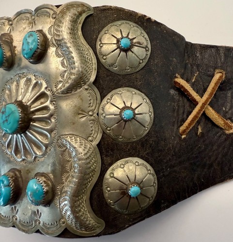 Early Navajo Ketoh German Silver Turquoise Leather Bow Guard Cuff Bracelet - Picture 3 of 9