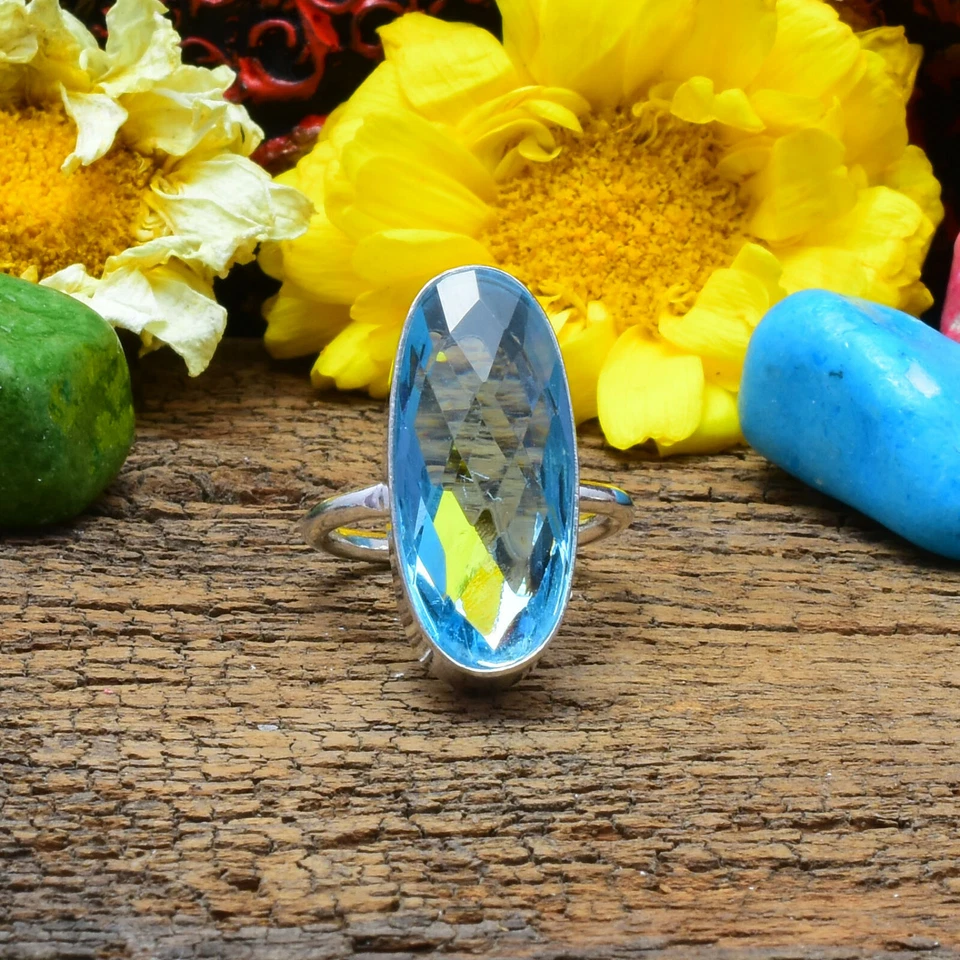 Gloriosa Suizo Azul Piedra Topacio 925 Plata de Ley Handmade Anillo Todo Talla - Imagen 1 de 3
