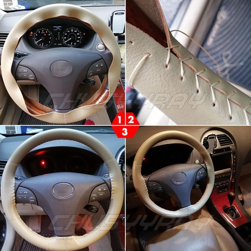 38cm15'' DIY beige car leather steering wheel cover with needle and thread new - Bild 2 von 12