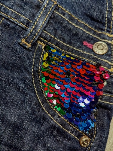 JORDACHE Girl's BIB OVERALL Shorts RAINBOW EMBROIDERED Sequin Blue Jean Size 6X - Picture 3 of 8