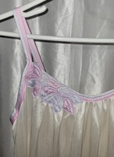 Vintage Lorraine M Medium Long Nightgown Nylon Ivory Pink Purple Flowers Slit