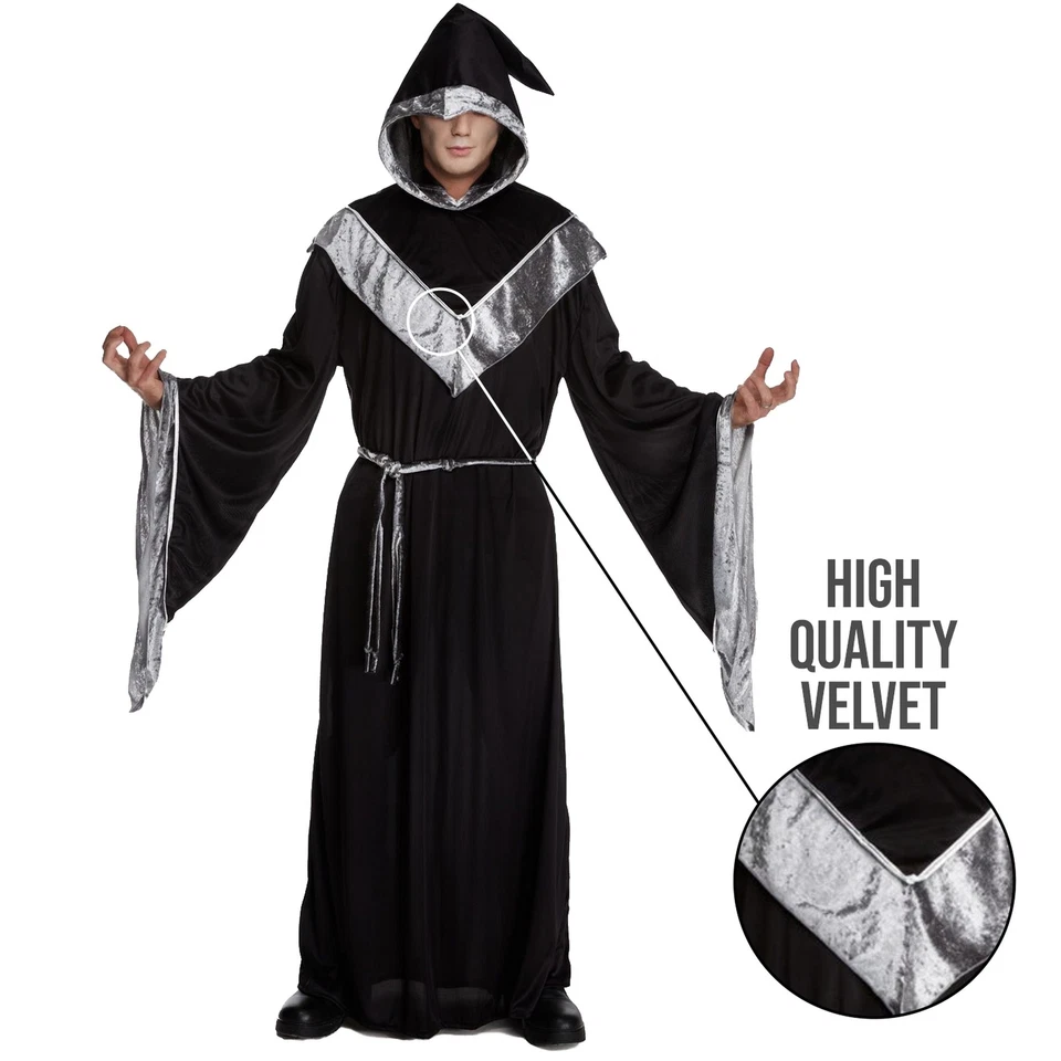 Disfraz de Mago Negro para Hombre M - XXL Adulto Merlín Hechicero Bata con Capucha Halloween Foto 4 de 4