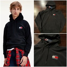 New Mens Tommy Hilfiger Jeans Black Polar Fleece Hoodie 90s Style Logo Badge