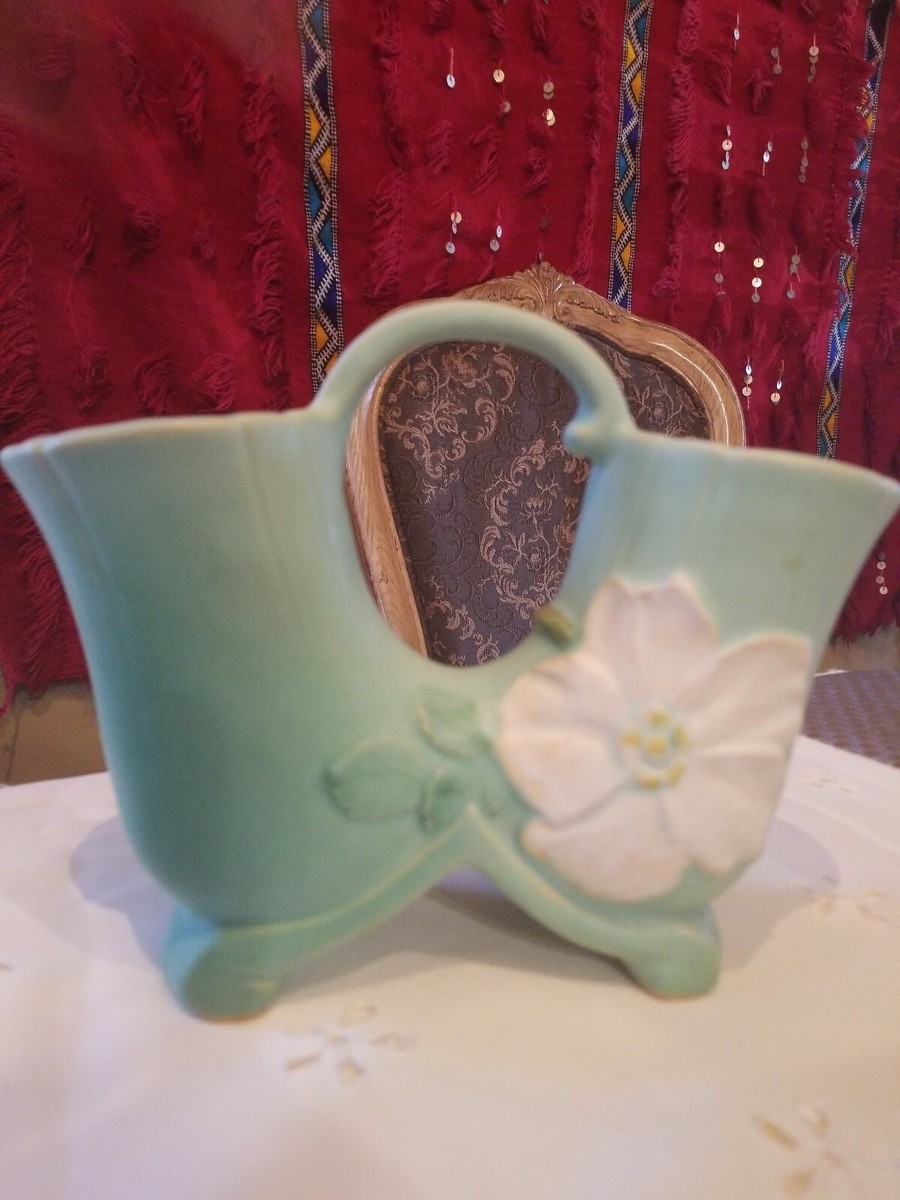 WELLER POTTERY Double Vase Floral Line Green Dogwood 6.25” T 8.75