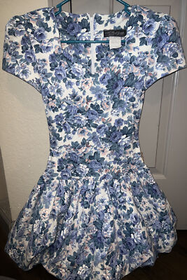 All That Jazz Womens Dress Size 3/4 Blu Floral Vintage 90s V Neck