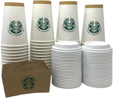 50X STARBUCKS 16 oz Disposable Paper Grande Logo Hot Drink Cup With Lids Sleeves