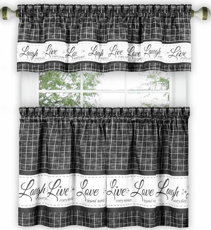 3 pc Curtains Set: 2 Tiers & Valance (58" x 14") LIVE LAUGH LOVE,charcoal, Achim