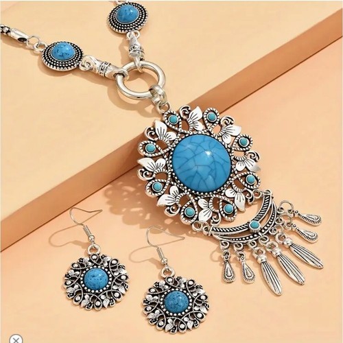 Bohemian Style Imitation Turquoise Pendant Necklace & Earrings Set - Picture 2 of 3