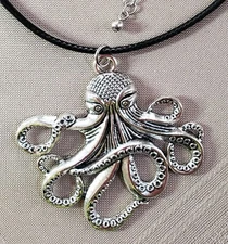 Octopus Kraken Charm NECKLACE on Rope, Metal Zinc Alloy - Fun!