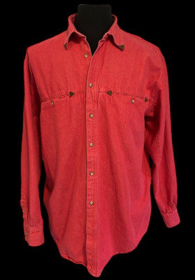 Vtg Robert Comstock Endurance Mens L Shirt Coral Red Cotton Leather Trim Cowboy