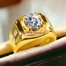 Moissanite Oval Cut With 925 Sterling Silver Gold Plated Ring For Men's #A437