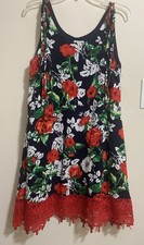 Umgee Red Rose Floral Print Shift Dress Women S Sleeveless Tie Sheer Lace Hem