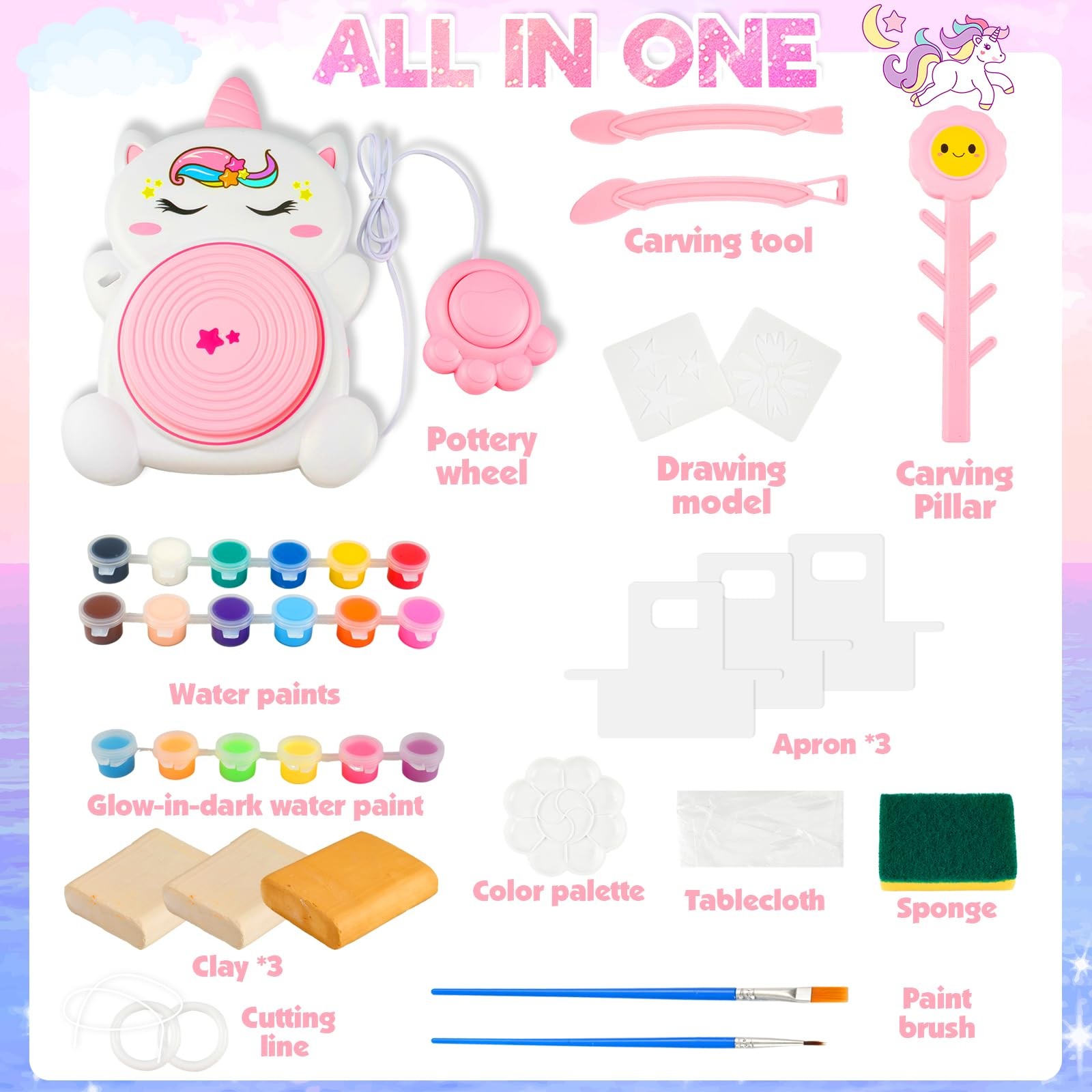 Pottery Wheel Kit for Kids with Glow Paints, Complete Pottery Arts Crafts Toy...