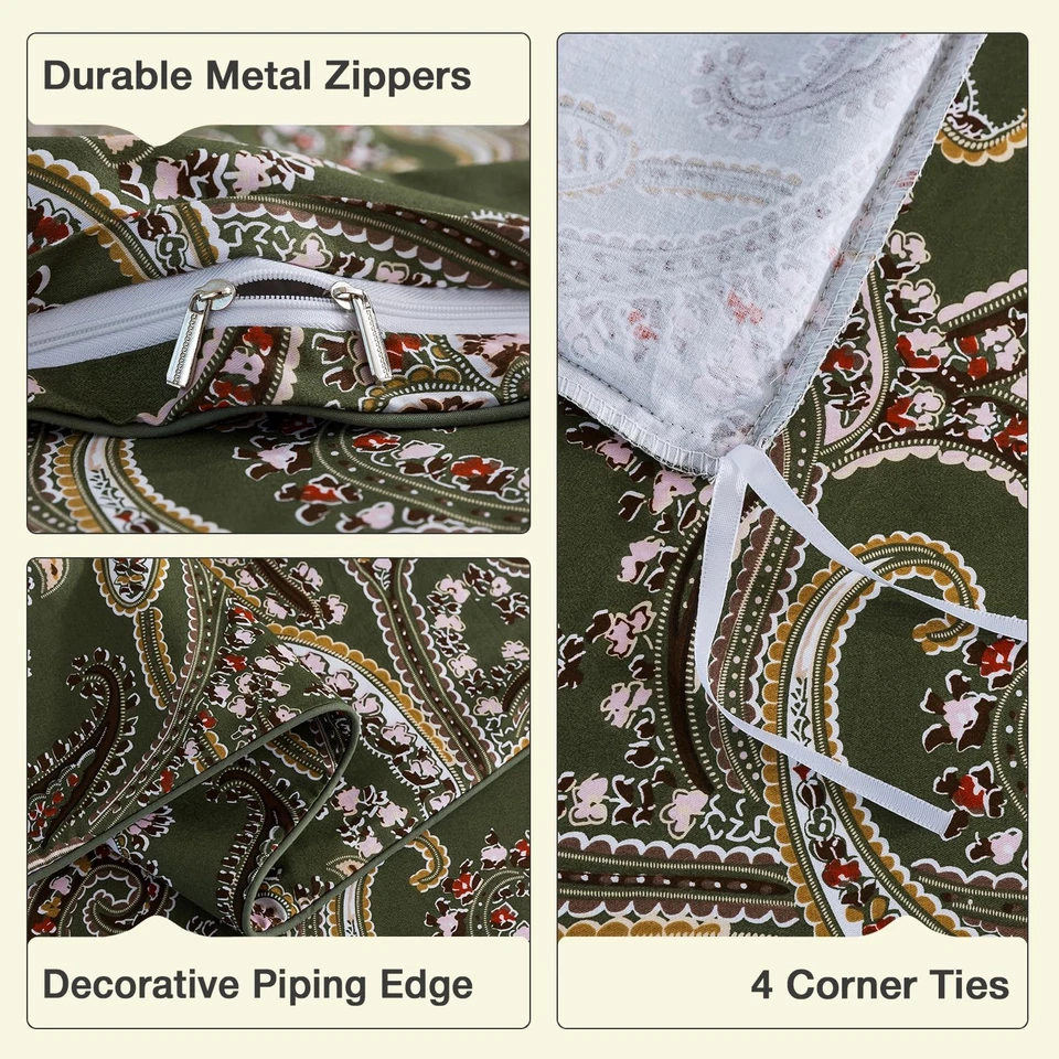 Paisley Print Green Duvet Cover Set Queen Size 3 Pieces, 100% Cotton Percale ... - Image 3 of 4