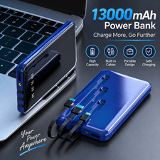 Portable Power Bank with Built-in 3-Cable, 13,000mAh Fast Charging Gifts -Blue