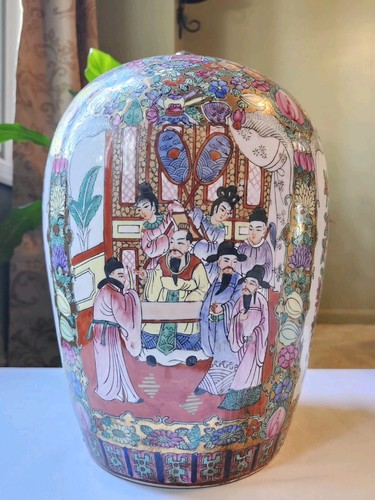 Tarro grande de jengibre de porcelana rosa familiar china de 14,5" con tapa - marca en la parte inferior - Imagen 3 de 22
