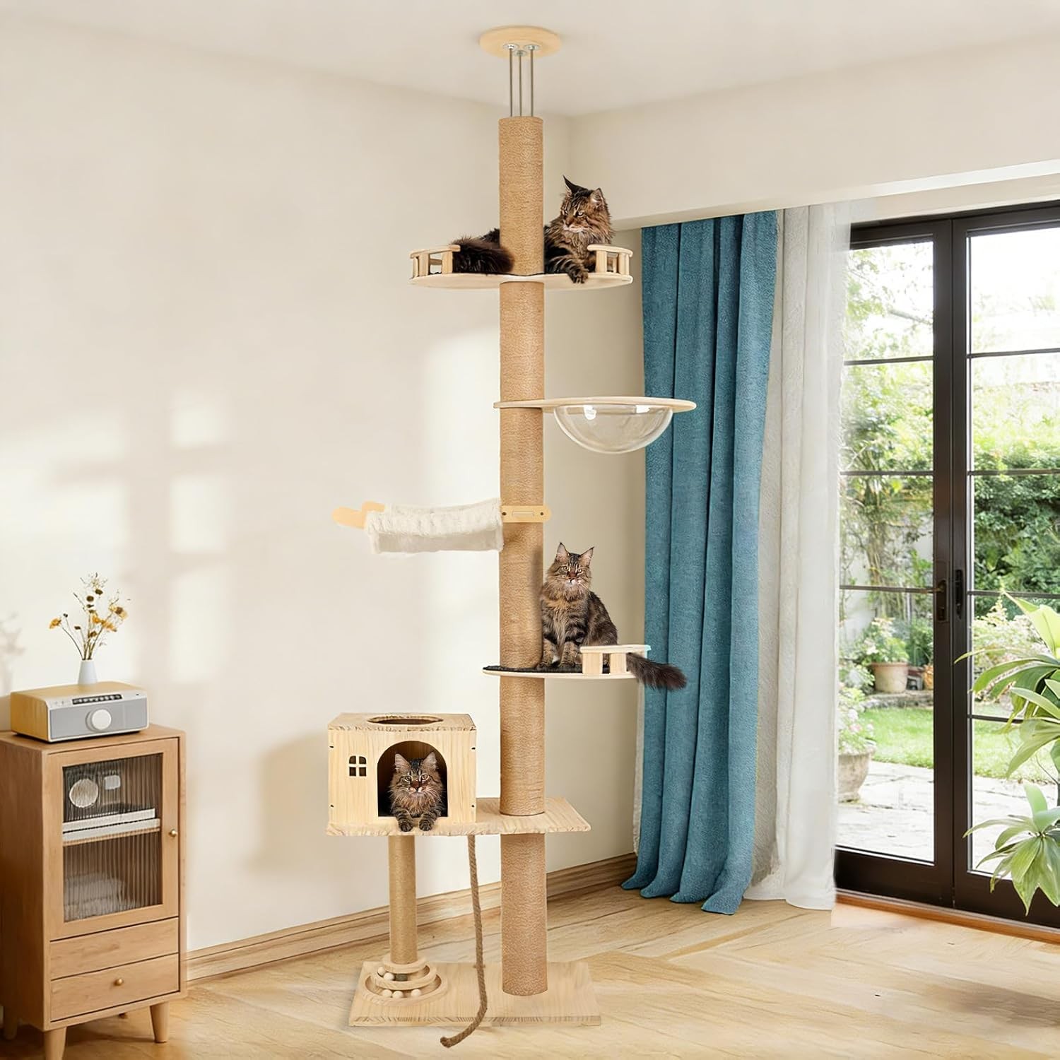 Floor to Ceiling Cat Tree, 6 Tier Tall Cat Tower Adjustable Cat Climbing Tower
