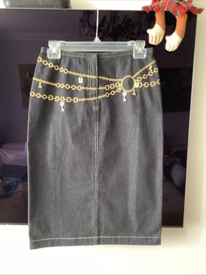 New Escada Jeans Black Gold Plated Embroiled Chain & Metal Key & Luck Eu 34 /S