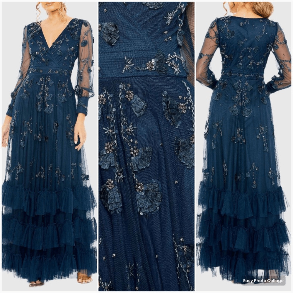 NWT MAC DUGGAL 9256 Mesh Long Sleeve V-Neck Tiered A Line Gown Blue 12
