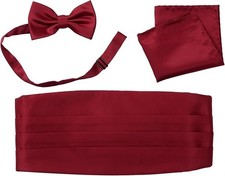 Cummerbund Bow Tie Pocket Square Handkerchief Set Formal Solid Color