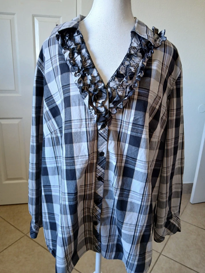 Blusa Covington Mujer Cuadros Volantes Gris Blanco Talla 20/22W 100% Algodón Foto 2 de 4