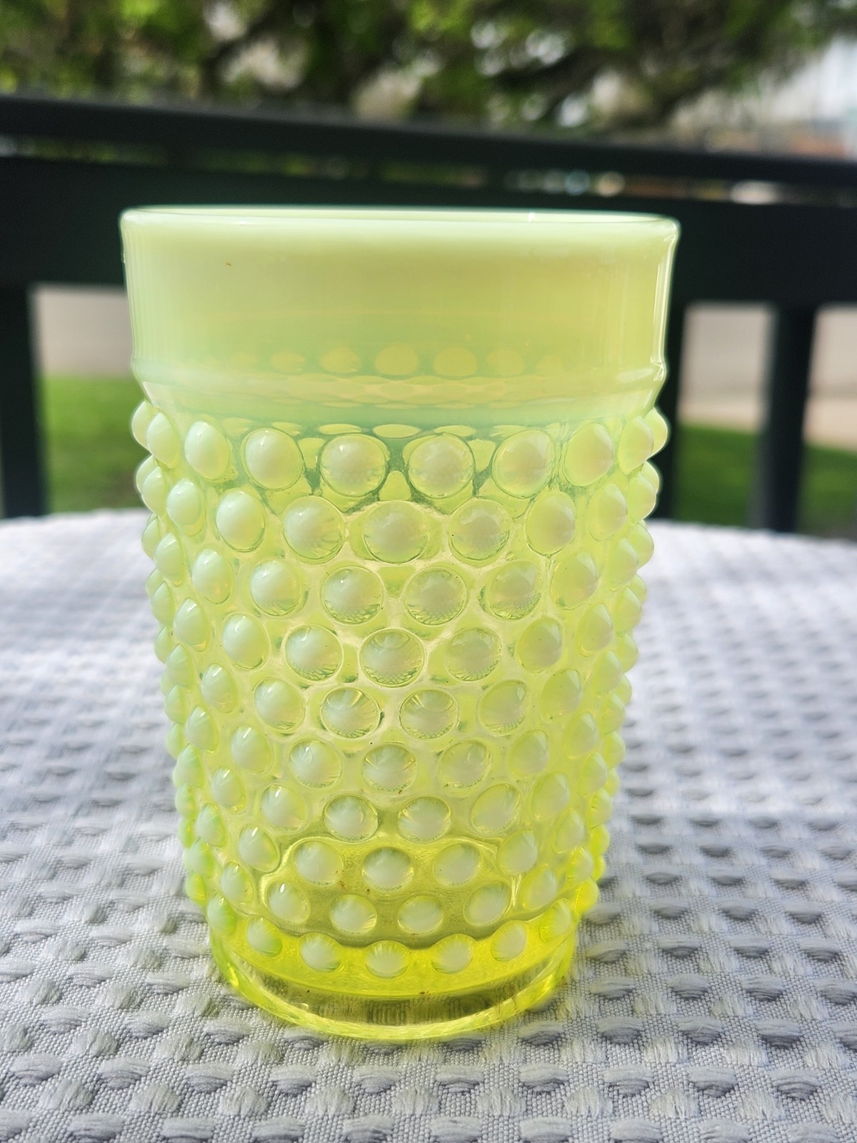 Vtg Fenton Opalescent Yellow Topaz Hobnail Juice Glass Tumbler Glows Vaseline