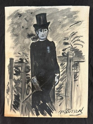 EDOUARD MANET drawing and painting on old paper signed stamped vintage