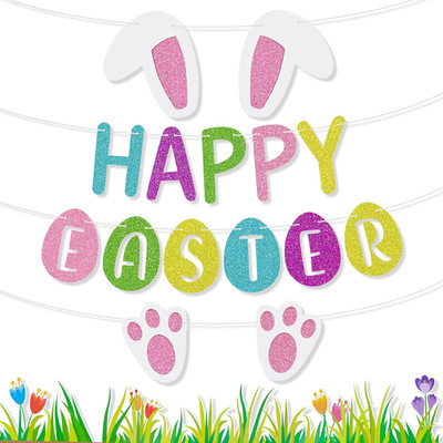 Glitter Happy Easter Banner Easter Decorations with Colorful Eggs and Bunny Paw