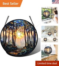 Stained Glass Window Hanging, Forest Sunrise Smoke Blue Brown Tree Suncatcher...