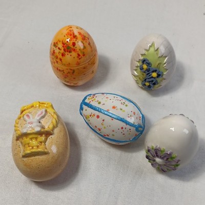 Set of 5 Small Ceramic Easter Eggs Hand Painted Bunny, Floral & Speckled Design 