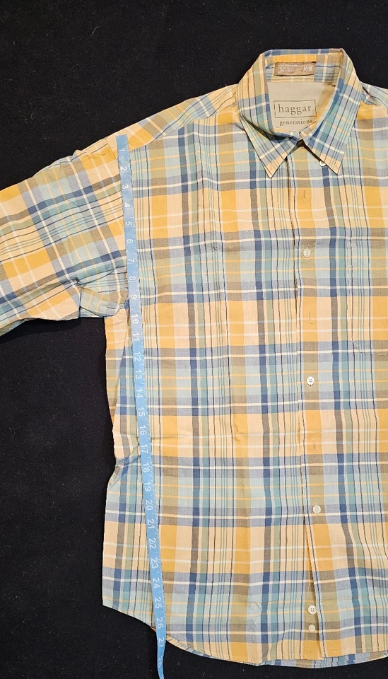 Men's Haggar Generations Button Down Size M | Plaid Short Sleeve Yellow Blue - Image 3 of 4