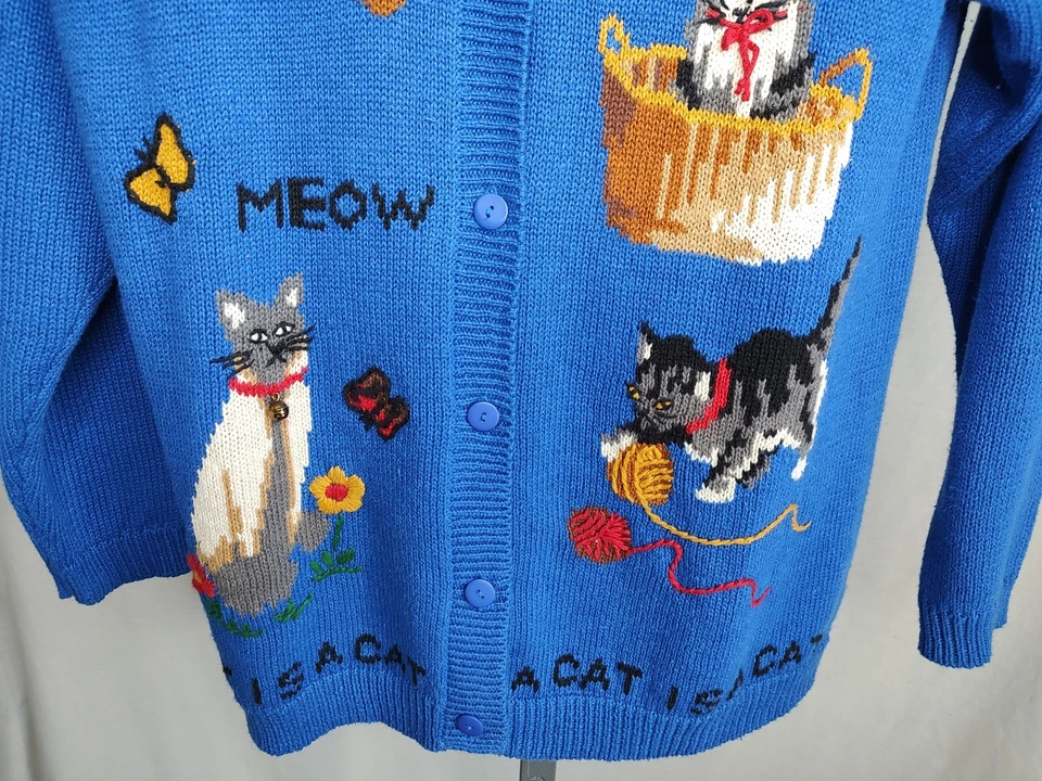 Vtintage Quacker Factory Cat Cardigan Sweater Womens Sz Med A Cat Is A Cat Blue - Image 3 of 4