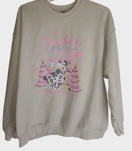 Disney Christmas Sweatshirt Womens 2XL Retro Beige Pink Magical Place On Earth
