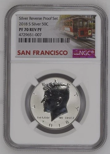 2018 S Silver Kennedy Half Dollar Reverse Proof PF70 NGC Trolley Label