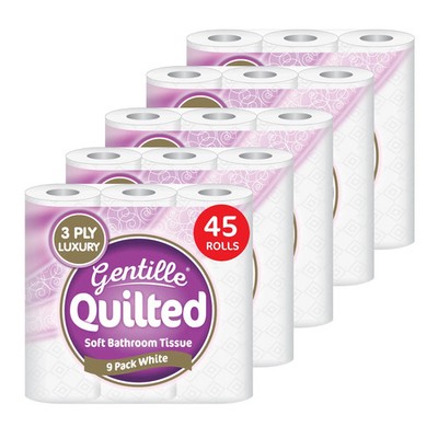 45x Gentille gesteppte Toilettenpapierrollen 3-lagig weich stark Großpackung