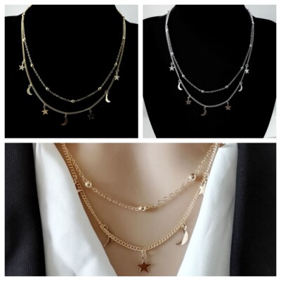 925 Silber plattiert Mond Stern Perlen Layer Boho Punk Kette Halskette Weihnachtsgeschenk