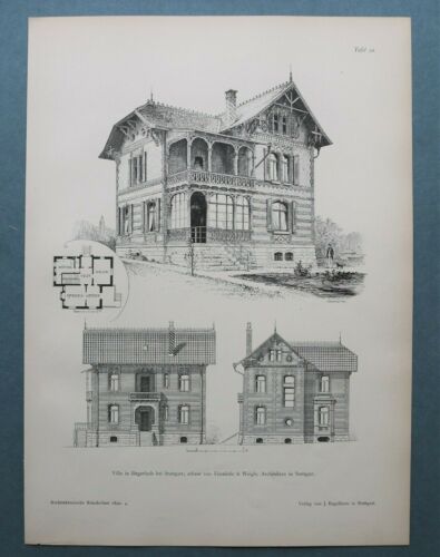 AR90) Architektur Stuttgart Degerloch 1890 Villa + Grundriss Holzstich 28x39cm - Afbeelding 1 van 1