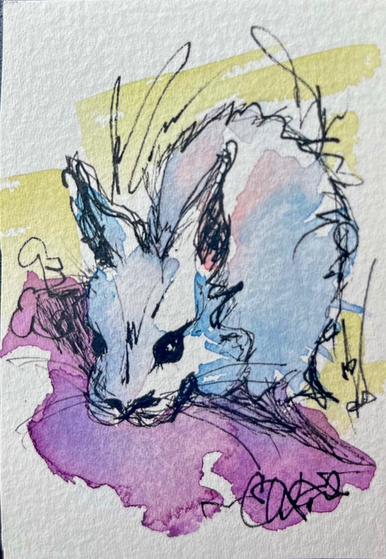 Original Watercolor Painting ACEO bunny 1/7 ATC Artist Trading Card C48