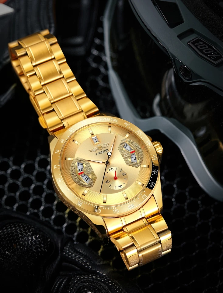WINNER Gold Automatic Date Fashion Stainless Steel Strap Men's Mechanical Watch - Image 4 of 4
