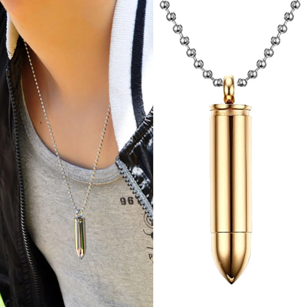 Stainless Steel Gold Bullet Pendant Urn Ashes Necklace 20\'\' Chain for Men  Women | eBay