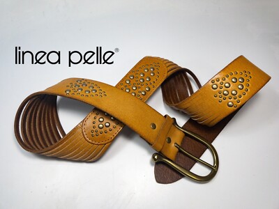 Linea Pelle Leather Belt Boho Solid Brass Studded Laser Cut 