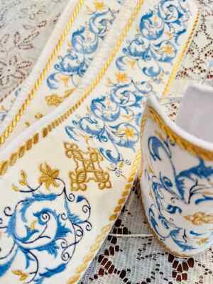 Orthodox deacon subdeacon orarion white blue gold, leaves 120''